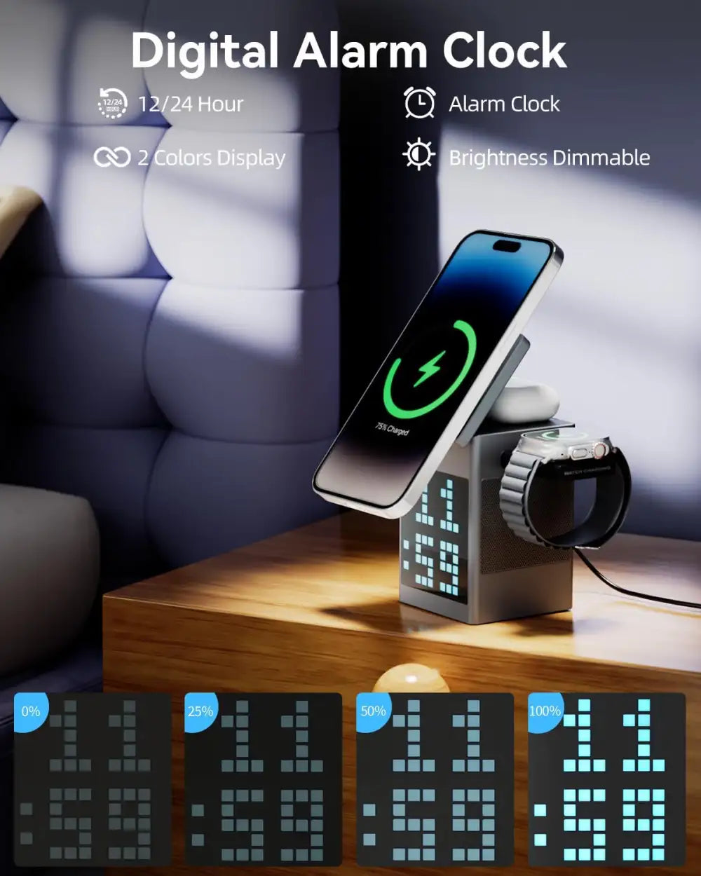 Valdus Pixel Dock 5-in-1 Wireless Charger with Speaker and Clock