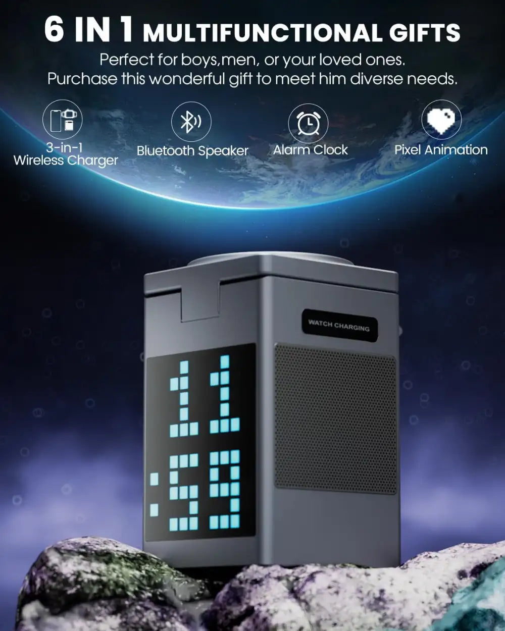 Valdus Pixel Dock 5-in-1 Wireless Charger with Speaker and Clock